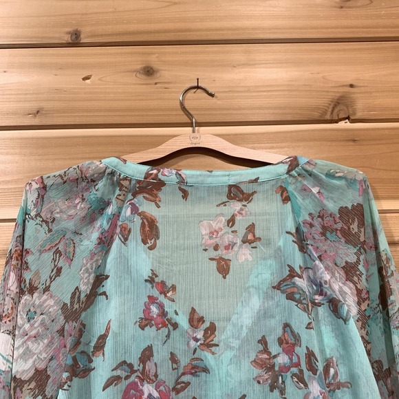 Figueroa & Flower Blouse Womens XL Teal Floral Sheer Button Front Paisley - Picture 8 of 11